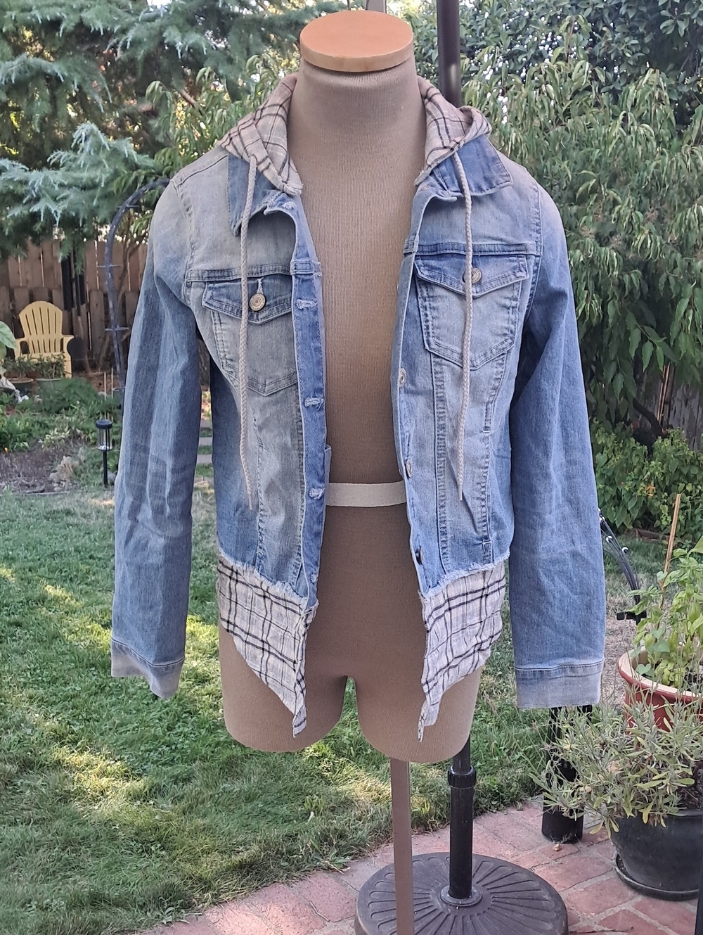 Wallflower Light Blue Denim Jacket with Plaid Hood